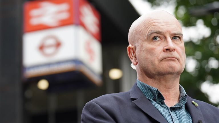 Mick Lynch, general secretary of the Rail, Maritime and Transport union (RMT) on the picket line outside London Euston train station. Picture date: Thursday August 18, 2022.

