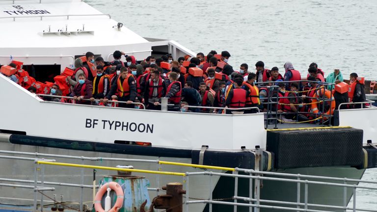 File photo dated 01/08/22 of a group of people thought to be migrants are brought in to Ramsgate, Kent, onboard a Border Force vessel following a small boat incident in the Channel. Some 696 people were detected crossing the English Channel in small boats on Monday, the Ministry of Defence said. This is the highest number on a single day so far this year, and only the second time in 2022 the daily figure has topped 600. Issue date: Monday August 1, 2022.

