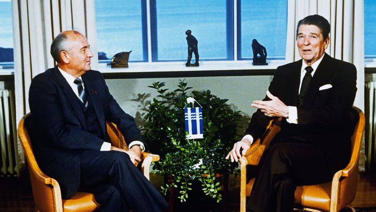 Soviet Leader Mikhail Gorbachev, left, and U.S. President Ronald Reagan talk during their meeting in Reykjavik, Iceland, Saturday, Oct. 11, 1986. Pic: AP