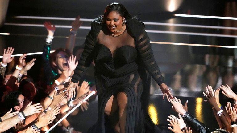 Lizzo walks on stage to accept the video for good award for "About Damn Time" at the MTV Video Music Awards at the Prudential Center on Sunday, Aug. 28, 2022, in Newark, N.J. (Photo by Charles Sykes/Invision/AP)