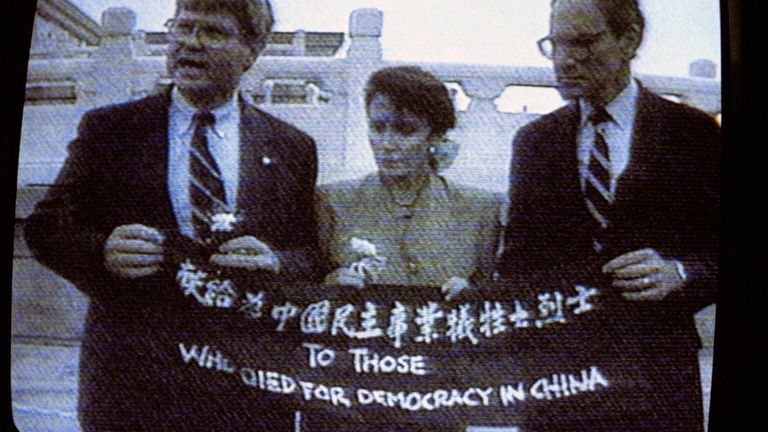 Nancy Pelosi in 1991 in Tiananmen Square. Pic: AP