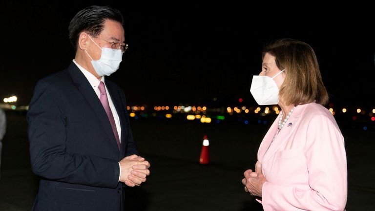 Nancy Pelosi was welcomed to Taiwan by the self-rule island&#39;s foreign minister Joseph Wu