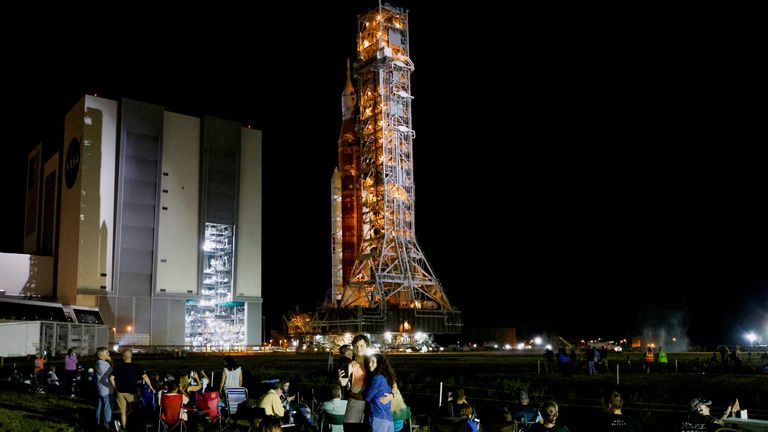 NASA’s next-generation moon rocket, the Space Launch System (SLS) rocket with its Orion crew capsule perched on top, leaves the Vehicle Assembly Building (VAB) on a slow-motion journey to its launch pad at Cape Canaveral, Florida, U.S. August 16, 2022. REUTERS/Joe Skipper
