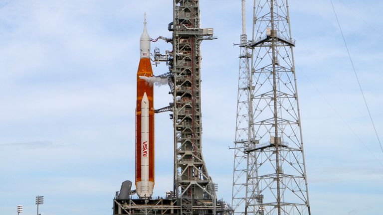 NASA&#39;s next-generation moon rocket, the Space Launch System (SLS) , sits on the pad as mission managers worked to overcome technical issues, at Cape Canaveral, Florida, U.S., August 29, 2022. REUTERS/Joe Skipper