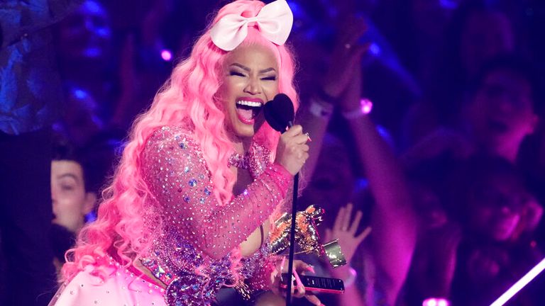 Nicki Minaj accepts the video vanguard award at the MTV Video Music Awards at the Prudential Center on Sunday, Aug. 28, 2022, in Newark, N.J. (Photo by Charles Sykes/Invision/AP)