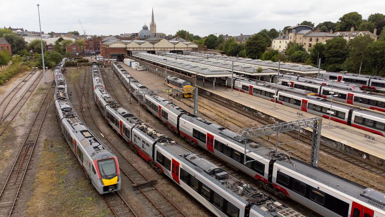 Trains are on the tracks at Norwich station, as rail services have been severely disrupted by members of the Sage Employees Association (TSSA) and the Rail, Maritime and Transport union load (RMT) consecutive strikes on wages, employment and conditions.  Date taken: Thursday, August 18, 2022.