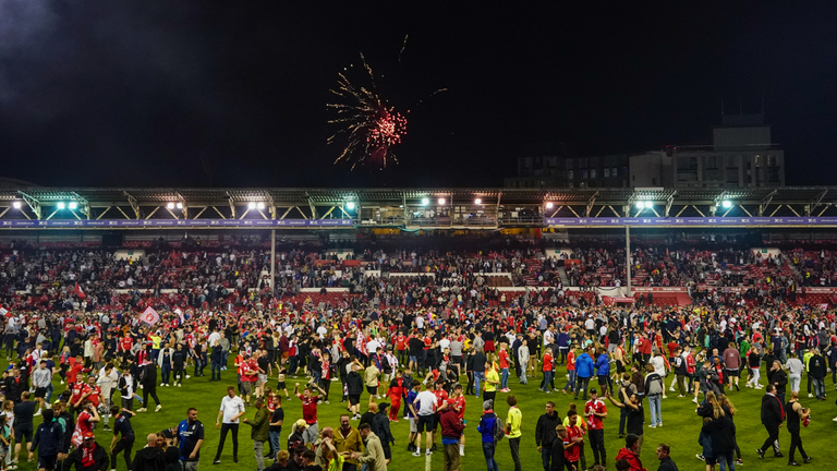 File photo dated 17-05-2022 of Nottingham Forest fans celebrating on the pitch. Nottingham Forest have been charged by the Football Association after their fans invaded the pitch following their Sky Bet Championship play-off semi-final win over Sheffield United last season. Issue date: Friday August 5, 2022.