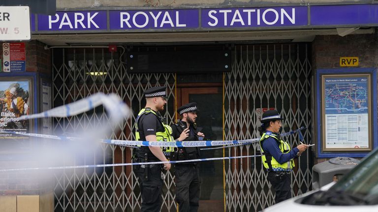 Police outside Park Royal underground station, west London the scene of a fatal crash in which a Range Rover ended up on a railway track for the Piccadilly underground line. Picture date: Monday August 22, 2022.