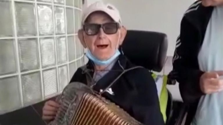 Videos shared with Sky News show Mr O'Hallaran playing his accordion and talking with locals in northwest London earlier this year.