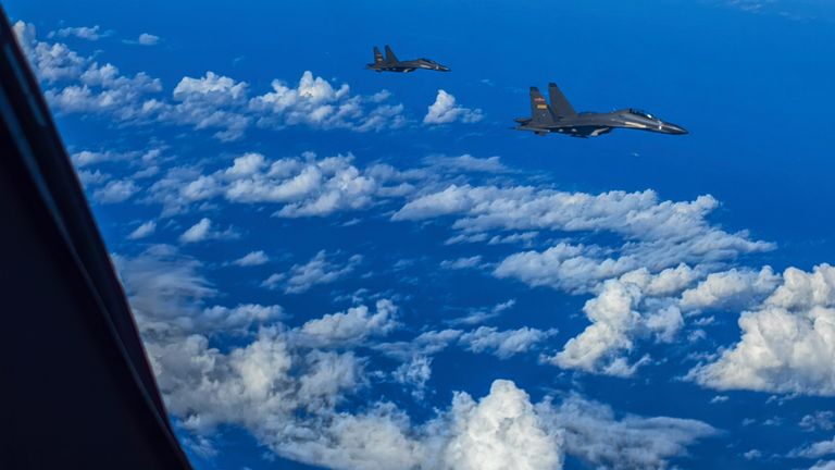 In this photo released by Xinhua News Agency, fighter jets of the Eastern Theater Command of the Chinese People&#39;s Liberation Army (PLA) conduct a joint combat training exercises around the Taiwan Island on Sunday, Aug. 7, 2022.  
PIC:Xinhua /AP
