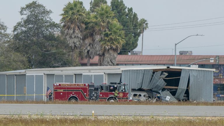 Wreckage from a plane crash at Watsonville Municipal Airport in Watsonville, California. Pic: AP