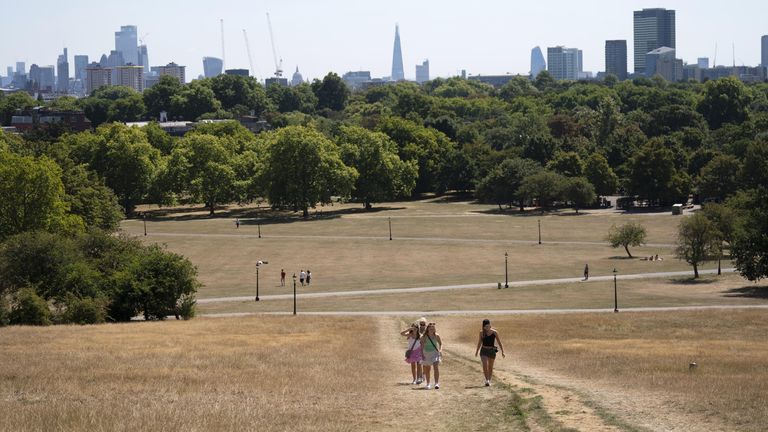 People enjoy the hot weather on Primrose Hill in London where the grass is dry due to lack of water. The Met Office has issued an amber warning for extreme heat covering four days from Thursday to Sunday for parts of England and Wales as a new heatwave looms. Picture date: Tuesday August 9, 2022.