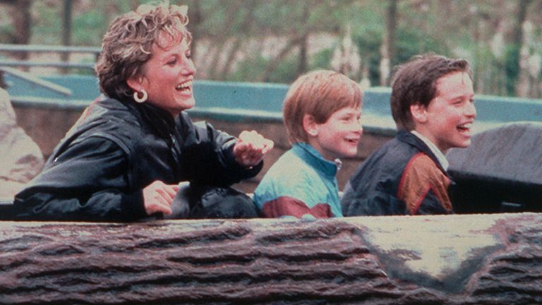 Handout file photo dated 13/04/93 of Diana, Princess of Wales enjoying a day out at Thorpe Park amusement park with her sons, Prince Harry (centre) and Prince William. The Princess of Wales was killed on August 31 1997 in a car crash in the Pont de l&#39;Alma tunnel in Paris. Issue date: Friday August 26, 2022.

