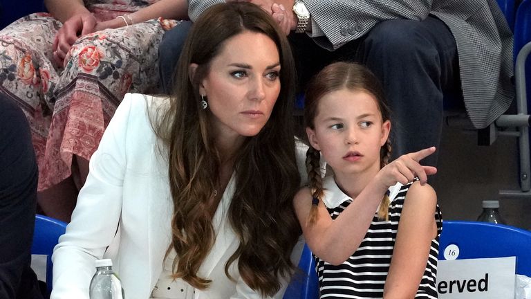 The Duchess of Cambridge with Princess Charlotte of Cambridge at Sandwell Aquatics Center on day five of the 2022 Commonwealth Games in Birmingham.  Picture date: Tuesday August 2, 2022.