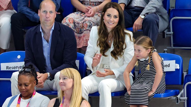 The Duke of Cambridge, the Duchess of Cambridge and Princess Charlotte attending the Sandwell Aquatics Centre on day five of the the Birmingham 2022 Commonwealth Games. Picture date: Tuesday August 2, 2022.


