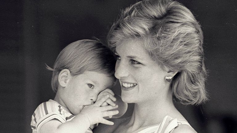 FILE PHOTO: Young Prince Harry tries to hide behind his mother, Britain&#39;s Princess Diana, during a morning picture session at Marivent Palace, August 9, 1988. REUTERS/Hugh Peralta/File Photo
