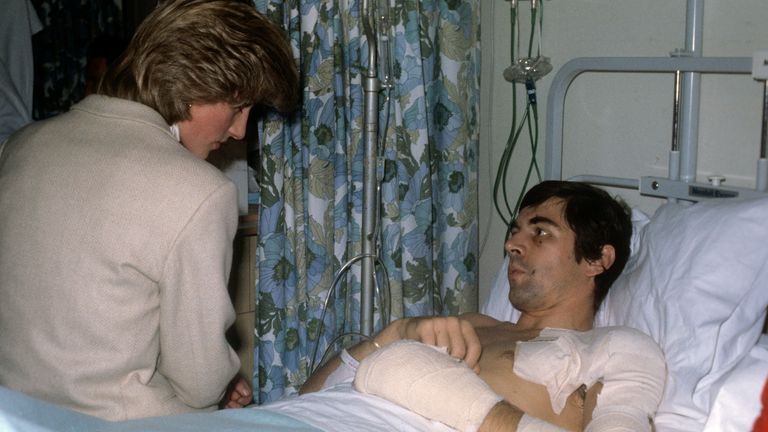 The Princess of Wales talks to Mark McDonald during her visit to Westminster hospital to see patients who were injured in the bomb blast outside Harrods.
 19-Dec-1983