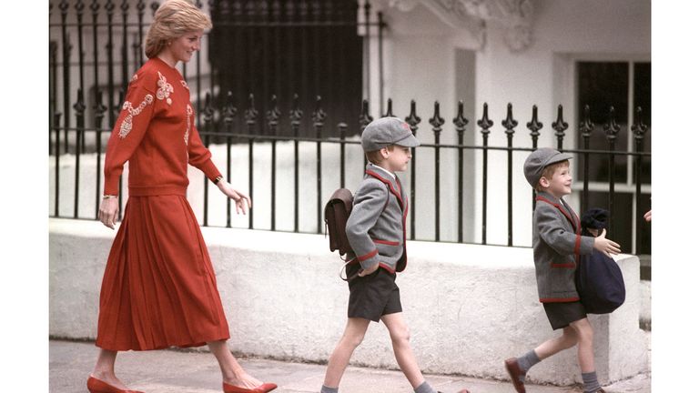 The Princess of wales follows her sons Prince Harry (right), five years old, and Prince William, seven, on Harry&#39;s first day at the Wetherby School in Notting Hill, West London.