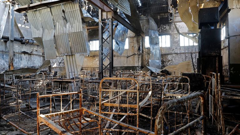 An interior view of the prison building which was damaged by shelling in July in the course of Ukraine-Russia conflict, in the settlement of Olenivka in the Donetsk Region, Ukraine August 10, 2022, in this picture taken during a media tour organised by the Russian Defence Ministry. REUTERS/Alexander Ermochenko
