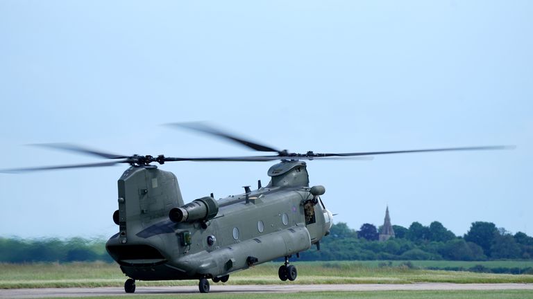 An RAF Chinook takes-off to return to base after aircraft from the Royal Navy, British Army and Royal Air Force conduct a practice flypast from RAF Cranwell, Lincolnshire, as they rehearse for the Queen&#39;s Birthday Parade. Picture date: Tuesday May 24, 202