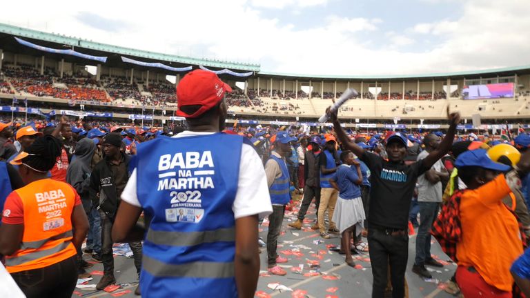 Supporters in dark blue are at the Raila Odinga rally 