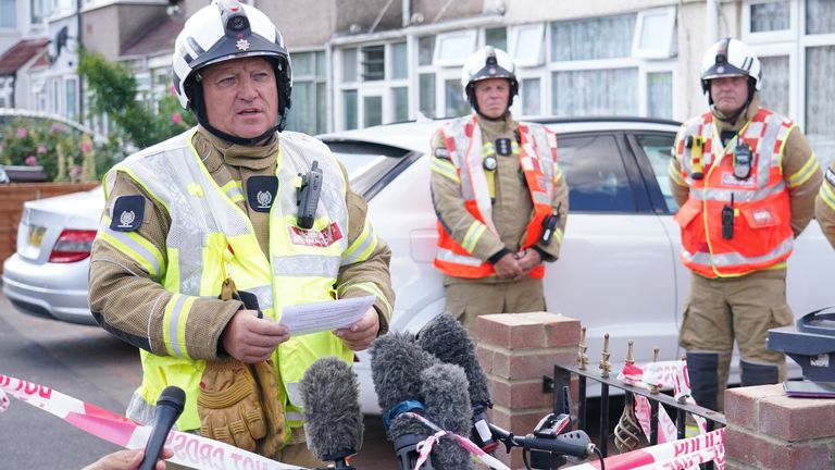 London Fire Brigade Deputy Assistant Commissioner Richard Welch, speaks to the media at the scene in Galpin&#39;s Road in Thornton Heath, south London. The London Ambulance Service has confirmed a child has died after the terraced home collapsed following an explosion and fire. Picture date: Monday August 8, 2022.

