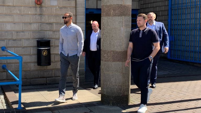 Ex England and Manchester United defender Rio Ferdinand (left) leaving Wolverhampton Crown Court, where he is due to give evidence later this afternoon. Picture date: Monday August 8, 2022.

