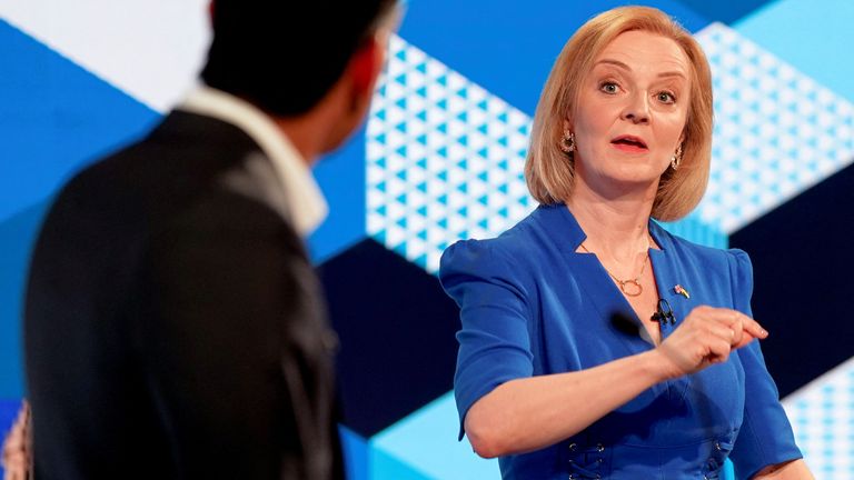 Candidates Rishi Sunak and Liz Truss take part in the BBC Conservative party leadership debate at Victoria Hall in Hanley, Stoke-on-Trent, Britain, July 25, 2022. Jacob King/Pool via REUTERS