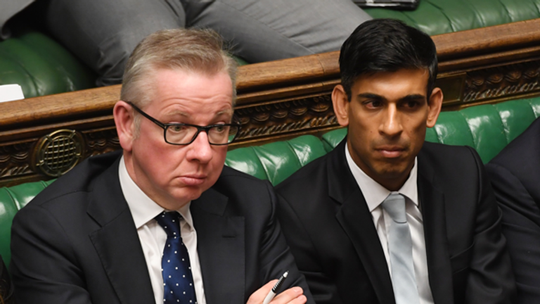 Chancellor of the Duchy of Lancaster Michael Gove (centre left) and Chief Secretary of the Treasury Rishi Sunak during Prime Minister&#39;s Questions in the House of Commons, London.