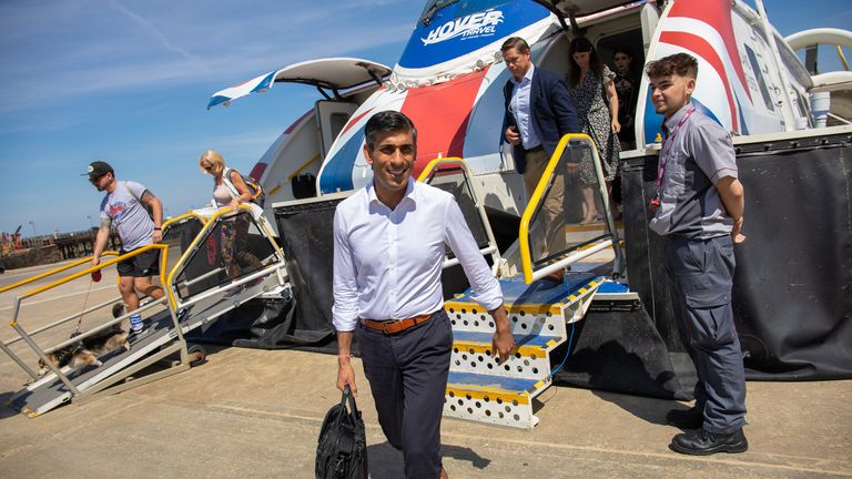 Rishi Sunak steps off the Hovercraft onto the Isle of Wight