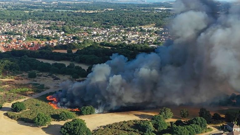 Screenshot taken with permission from Sky Cam East of a fire on Rushmore Heath, Ipswich, Suffolk. Fire appliances from Ipswich East, Woolbridge, Princes Street, Holbrook and Needham Market were mobilised to deal with the fire. 