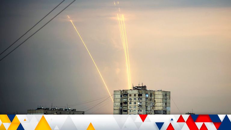 Russian rockets launch against Ukraine from Russia&#39;s Belgorod region are seen at dawn in Kharkiv, Ukraine, Monday, Aug. 15, 2022. (AP Photo/Vadim Belikov)
PIC:AP