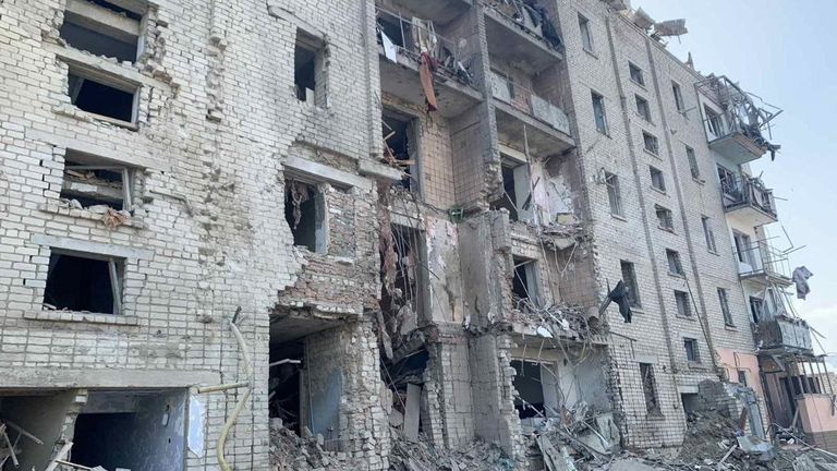A building damaged by a Russian missile strike in Voznesensk
