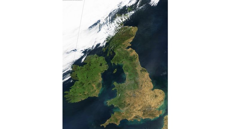 This October 22 satellite image taken from above by the UK Met Office shows large areas have been affected by prolonged dry conditions, which have turned arid land from green to yellow and brown.  Release date: Thursday, August 11, 2022.