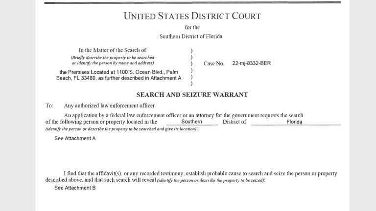 The FBI warrant that allowed Donald Trump’s mar-a-lago home to be searched has now been unsealed. Pic: US District Court
