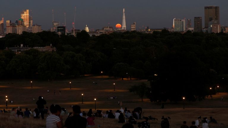 People with from Primrose Hill as the full moon rises near the Shard skyscraper and St. Paul&#39;s Cathedral, London, Britain, August 11, 2022. REUTERS/Peter Cziborra
