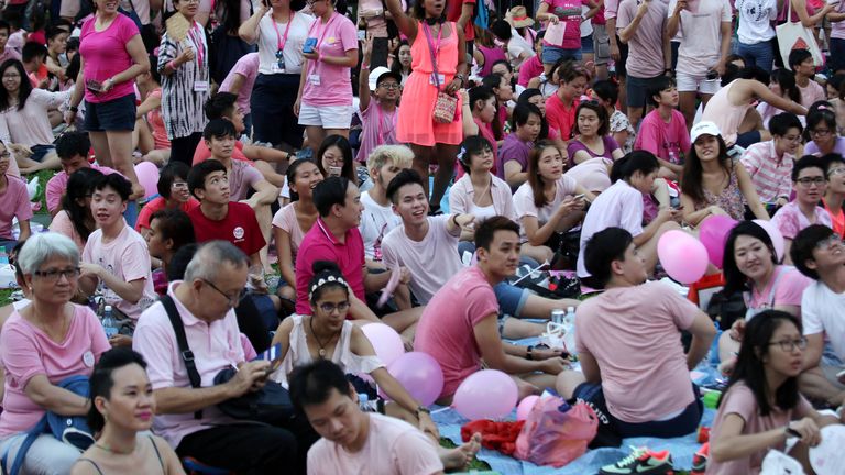 Thousands of people gathered at a park for the annual Pink Dot gay pride event in Singapore in 2017. Photo: AP