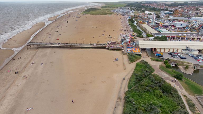 Aerial photo of the British seaside town of Skegness in the East Lindsey a district of Lincolnshire, England, showing the beach and pier 