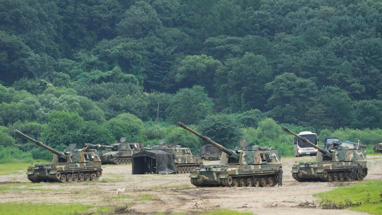 South Korean army K-9 self-propelled howitzers take positions in Paju, near the border with North Korea, South Korea, Monday, Aug. 22, 2022. The United States and South Korea began their biggest combined military training in years Monday as they heighten their defense posture against the growing North Korean nuclear threat. (AP Photo/Ahn Young-joon)