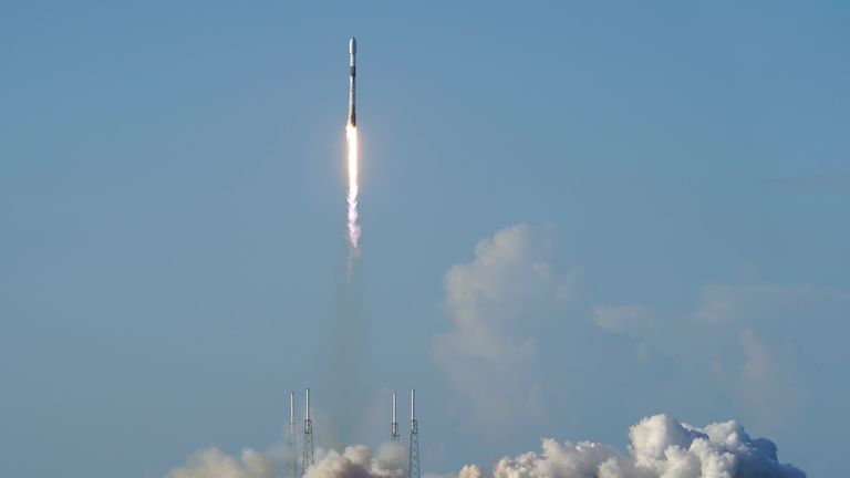 A SpaceX Falcon 9 rocket, with the Korea Pathfinder Lunar Orbiter, or KPLO, lifts off from launch complex 40 at the Cape Canaveral Space Force Station in Cape Canaveral, Fla., Thursday, Aug. 4, 2022. South Korea joined the stampede to the moon Thursday with the launch of a lunar orbiter that will scout out future landing spots..(AP Photo/John Raoux)