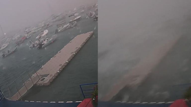 A storm swept into a Ligurian port pumelling it with high-speed winds and rain