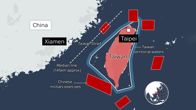 05.08.22.  Map showing ongoing Chinese military exercises (in red boxes).  The northern box enters Taiwan's territorial waters 