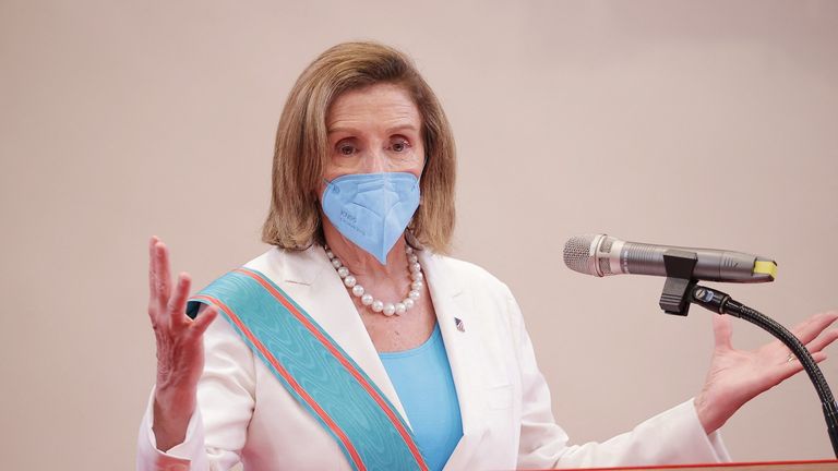 U.S. House of Representatives Speaker Nancy Pelosi speaks at a meeting with Taiwan President Tsai Ing-wen (not pictured) at the presidential office in Taipei, Taiwan August 3, 2022. Office of the President Taiwan / Document broadcast via REUTERS ATTENTION EDITORS - THIS IMAGE IS PROVIDED BY A THIRD PARTY.  NO ANSWER.  NO STOCK.