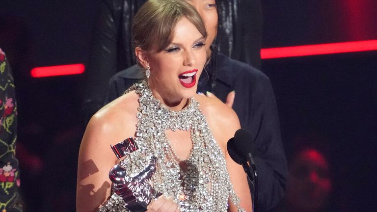 Taylor Swift accepts the award for video of the year for "All Too Well" (10 Minute Version) (Taylor&#39;s Version) at the MTV Video Music Awards at the Prudential Center on Sunday, Aug. 28, 2022, in Newark, N.J. (Photo by Charles Sykes/Invision/AP)