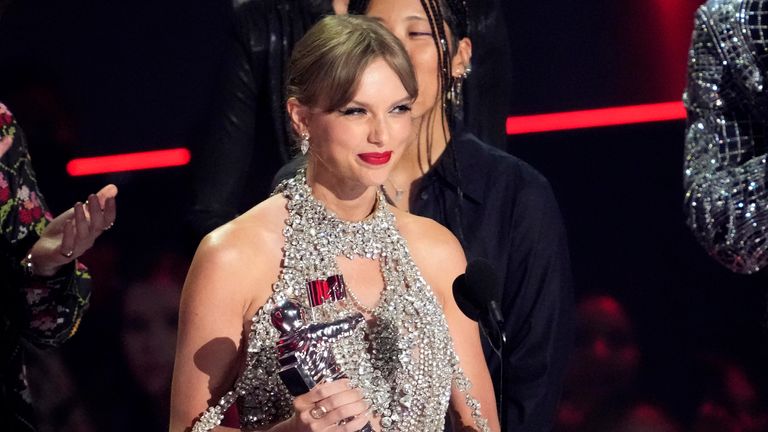 Taylor Swift accepts the award for video of the year for &#34;All Too Well&#34; (10 Minute Version) (Taylor&#39;s Version) at the MTV Video Music Awards at the Prudential Center on Sunday, Aug. 28, 2022, in Newark, N.J. (Photo by Charles Sykes/Invision/AP)