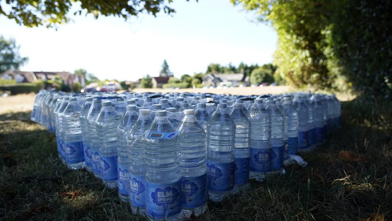 Bottles of water provided by Thames Water to residents of Northend village in Oxfordshire, where the water company is pumping water into the supply network following technical problems at Stokenchurch Reservoir.  The Met Office has issued an amber warning of extreme heat covering four days from Thursday to Sunday for parts of England and Wales as a new heatwave looms.  Date taken: Wednesday, August 10, 2022.