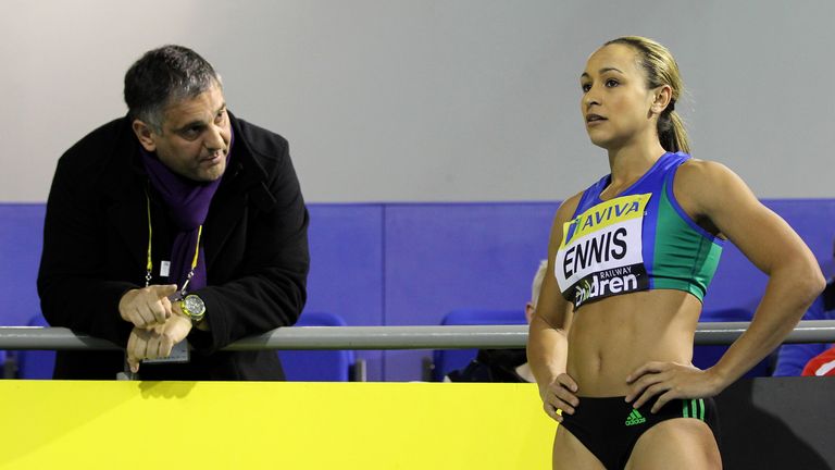 Athletics - Aviva Indoor UK Trials & Championships - English Institute of Sport, Sheffield - 11/2/12 Jessica Ennis talks to the her coach Toni Minichiello during the Women&#39;s High Jump Mandatory Credit: Action Images / Steven Paston Livepic
