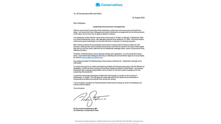 The letter sent from the Tory Party&#39;s co-chairman to MPs and peers