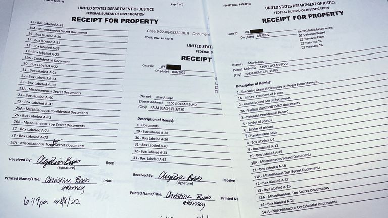 The list of seized property includes three pages during the search