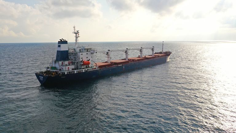 The Sierra Leone-flagged cargo ship Razoni, carrying Ukrainian grain, is seen in the Black Sea off Kilyos, near Istanbul, Turkey August 3, 2022. REUTERS/Mehmet Emin Caliskan